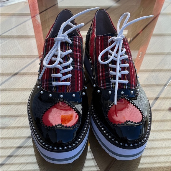 Betsey Johnson Red and Black Plaid Oxfords - Picture 2 of 8